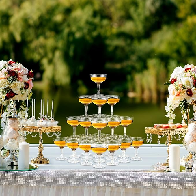 Potchen 100 Pcs Plastic Champagne Party Glasses 5 oz Clear Disposable Champagne Glasses Stackable Acrylic Martini Flutes Unbreakable Margarita Coupe for Wedding Birthday Party Bar (Elegant)