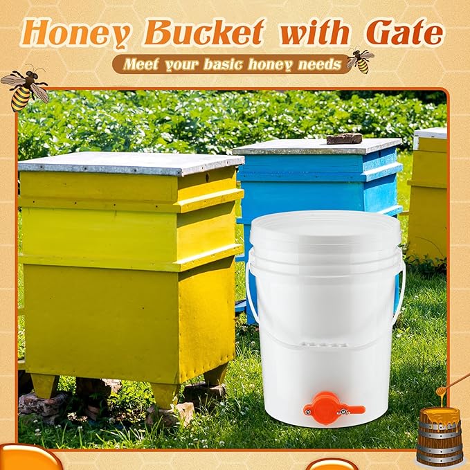 7 Pcs Honey Harvesting Kit, 5 Gallon Honey Bucket with Gate, Double Sieve Stainless Steel Strainer, Supports, Uncapping Fork, Scraper Knife, Filter Bag for Honey Extractor Beekeeping Supply