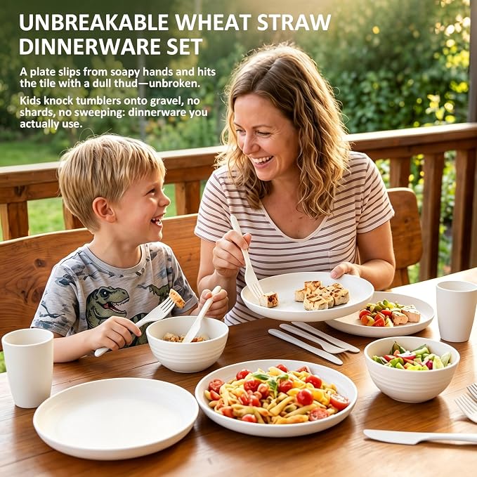 Dishes Set for 4, Wheat Straw Plate and Bowl Set, Unbreakable Kids Dinnerware Set 24 Piece, Microwave and Dishwahser Safe Dishware sets for Apartment, Kitchen, Camping, Dorm - White