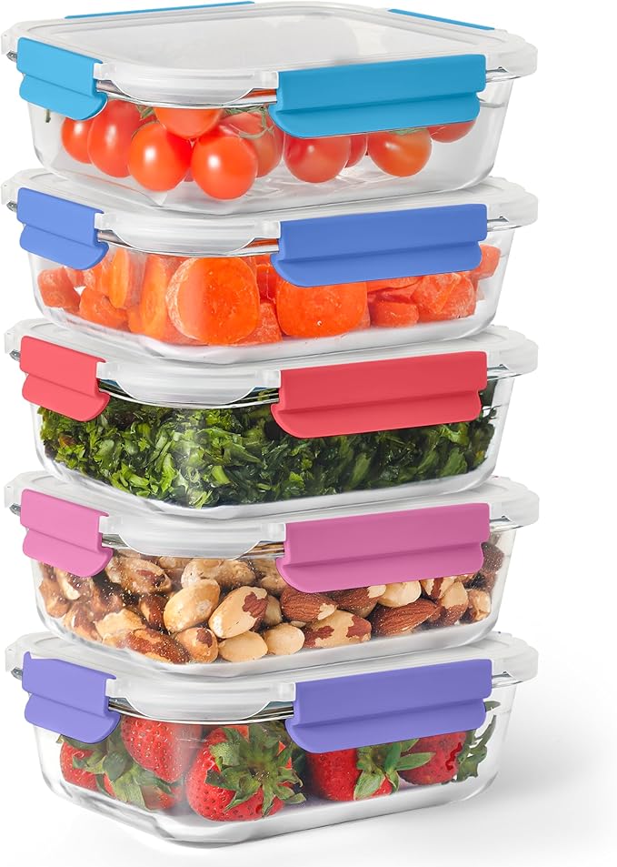 ECOBERI 4.5 Cup Glass Meal Prep Containers with Lids & Silicone Sleeves, 5-Pack Airtight, Leak-Resistant Food Storage Containers for Fridge, Freezer, Oven & Microwave