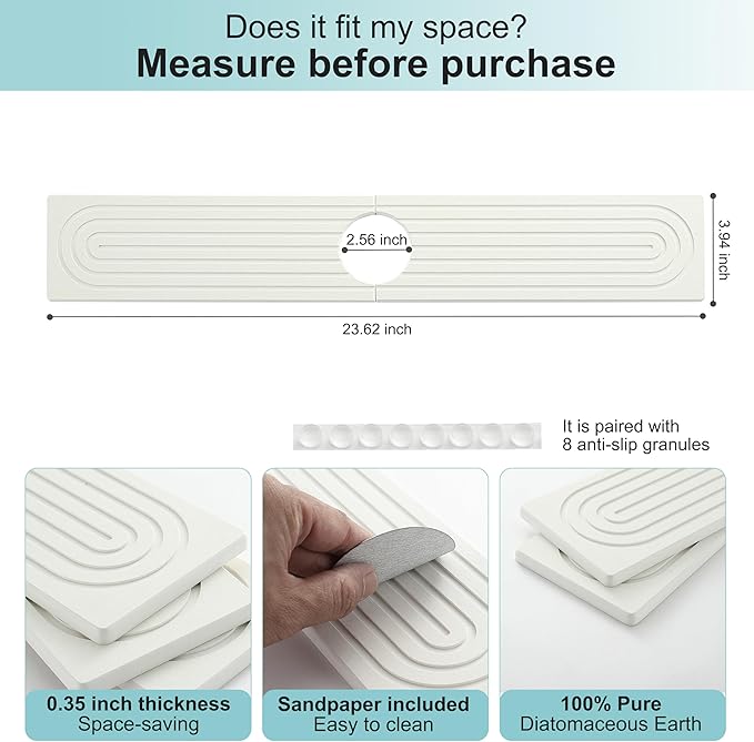 Faucet Mat for Kitchen Sink, Diatomite Fast Drying Stone Sink Tray, Super Absorbent, Prevents Moisture Buildup - Faucet Splash Guard for Bathroom Counter, Kitchen [White, 23.6" x 3.9"]