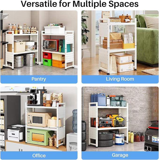 Expandable Microwave Stand, Heavy Duty 3-Tier Adjustable Microwave Oven Rack with 8 Hooks & 2 Holders, Space-saving Kitchen Counter Shelf for kitchen organizers and storage, 200lbs Capacity, White