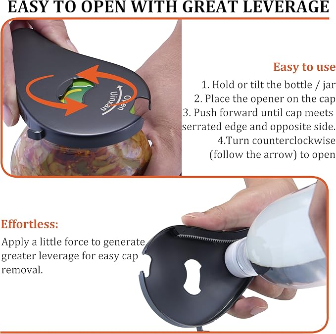 Uinxan Jar Bottle Can Opener for Seniors Arthritis Weak Hands-Easy Twist Off Small Caps (0.6"-2.7"), Pop Top & Pull Tab Seals,Patent Unique Portable Multifunction Gadget for Elderly/Women/Men(Black)