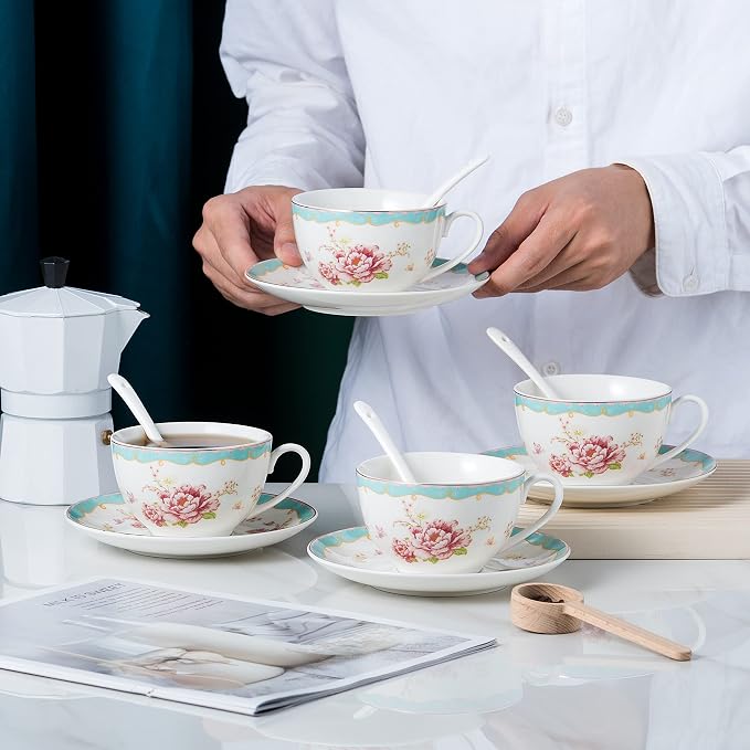 Jusalpha Serve of 4 Vintage Rose China Tea Cup/Coffee Cup Spoon and Saucer Set- 7 Oz, Afternoon Tea Set, Gift for Women TCS29(4)