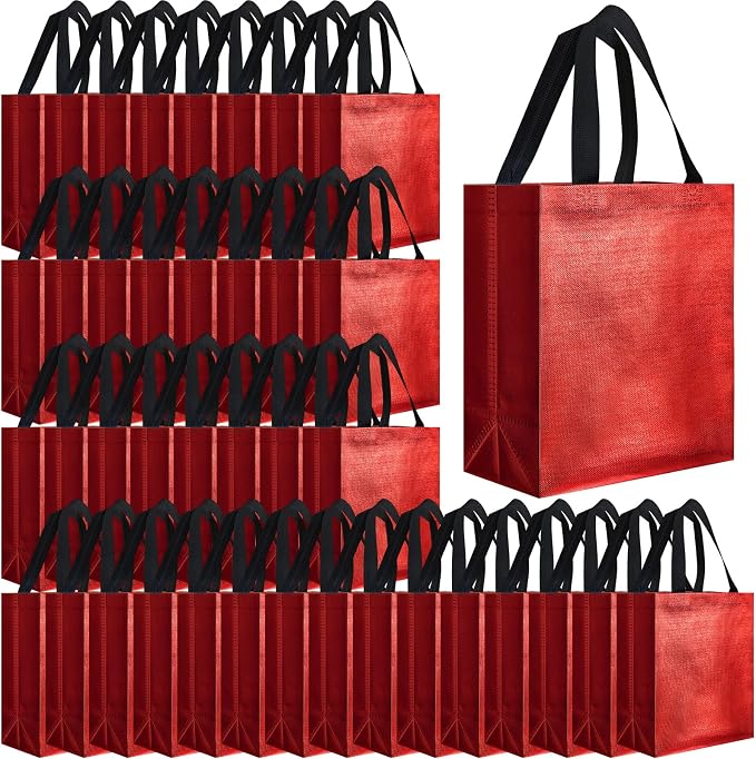 Eccliy Reusable Gift Bags Set Glossy Grocery Gift Tote Bag with Handle for Wedding, Bridal Shower, 4th of July, Summer Event(10 x 8 x 4.7 Inch,Red with Black Handles,80 Pcs)