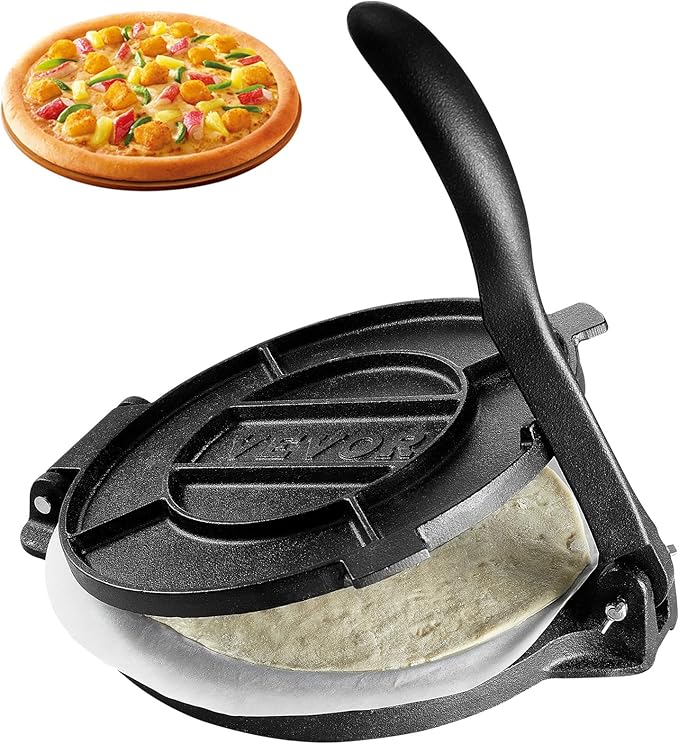 VEVOR Tortilla Press, 10 Inch Tortilla and Roti Maker, Cast Iron Heavy Duty Tortilladora Press, Pre-Seasoned Pataconera with 100 Pcs Parchment Paper, Dough Maker for Flour Tortilla, Tawa