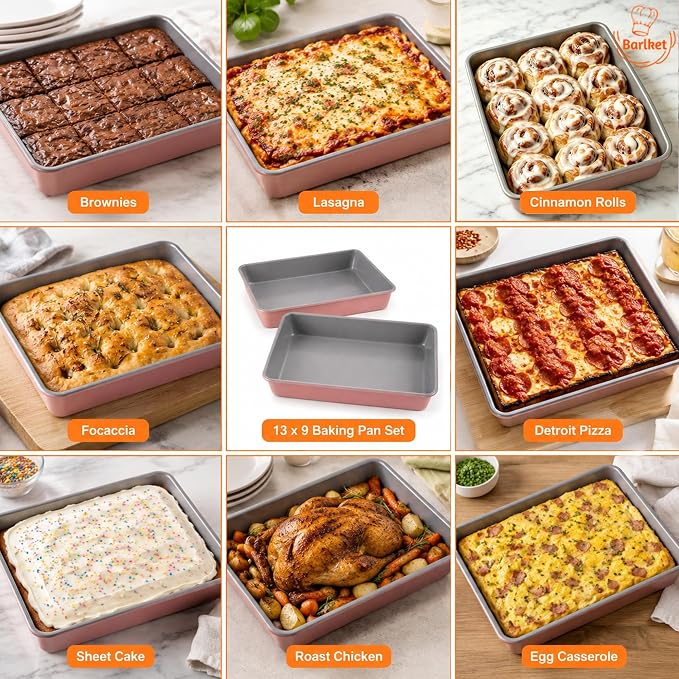 9x13 Inch Baking Pan 2 Pack, Heavy Duty Carbon Steel Lasagna Pan, 2.5 Inch Deep Nonstick Rectangular Cake Pans for Brownies, Casserole & Roasting, Pink Exterior with Gray Interior