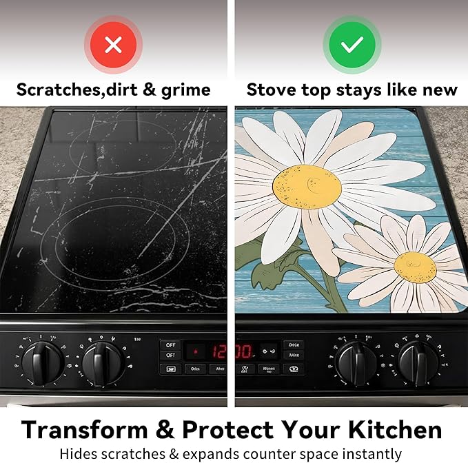 Decorative Stove Top Covers for Electric Stove 28"x20" – Heat Resistant Glass Cooktop Protector Dish Drying Mat – Non-Slip Rubber Backing Washer Top Cover Waterproof Extra Counter Space (Daisy)