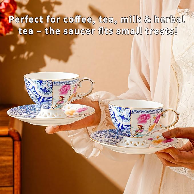 Bone China Cup & Saucer Set, Ceramic Coffee Cup with Gold Trim, Porcelain Floral Tea Cup with Saucer & Spoon, Food Grade Coffee Mug for Women, Tea Party, Gifts Giving, 6.8 oz