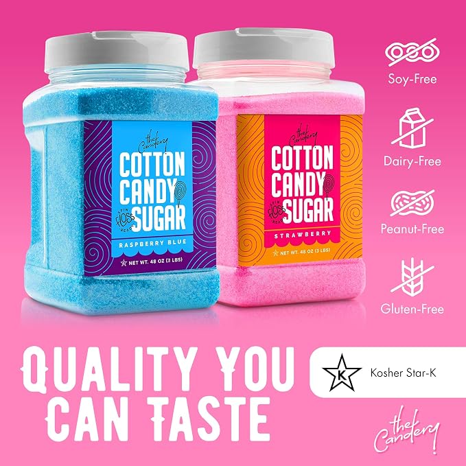 The Candery Cotton Candy Floss Sugar 32oz (2-Pack) Includes 100 Premium Cones | Raspberry Blue and Strawberry | Plastic, Reusable Jars | Easy Pour Spout or Scoop | Includes Scooper | 2 LBS Jars