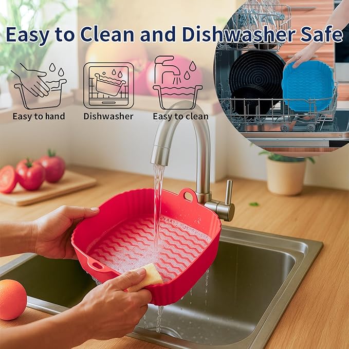 Boribim 9 Inch Large Air Fryer Silicone Liners - 2 PCS Square Reusable AirFryer Basket Liners for 5-8QT Air fryer, Air fryer Accessories for Baking Roasting Microwave (Red + Blue)