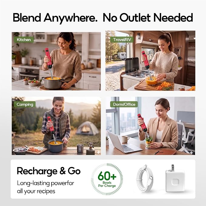 Cordless Immersion Blender, 3-in-1 Hand Blender with Charger | Blend Anywhere: Wall Charger, Brushless Motor, Whisk & Frother, 60+ Bowls, Smoothies, Soup, Baby Food