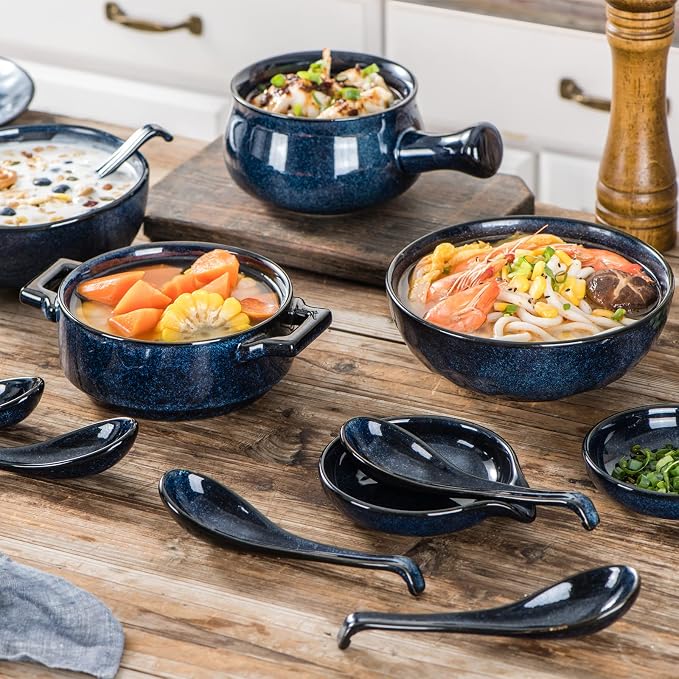 Vicrays 10PCS Ceramic Utensil Set - 5.2 Inch Spoon Ladle Rests, 6.4 inch Asian Soup Spoons, Farmhouse Kitchen Accessories for Stove and Serving - Dishwasher Safe, Blue