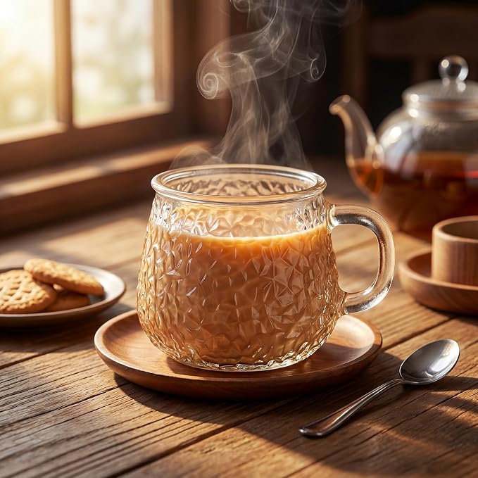 12 Pack Glass Coffee Mugs with Handles, 12 Ounces Glass Breakfast Mugs Bulk, Clear Tea Cups for Hot/cold Drinks, Glassware Set for Americano, Latte, Cappuccino(Retro)