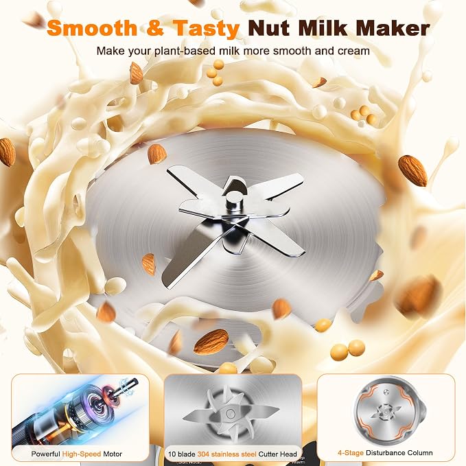 34oz Nut Milk Maker, 10 in 1 Automatic Nut Milk Maker, 304 stainless steel inner container with 10 Blades,Soy Milk Machine,Plant Based Milks Homemade Oat,Chowder,Juice,Almond Milk Machine