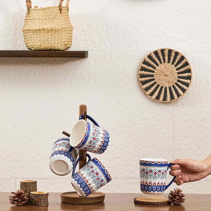 Bico Boho Totem Ceramic Coffee Mugs Set of 4, 16 oz Large Tea Cups with Handle, Aesthetic Latte Mugs for Cappuccino Cocoa, Lead-Free, Dishwasher and Microwave Safe, Housewarming Gift