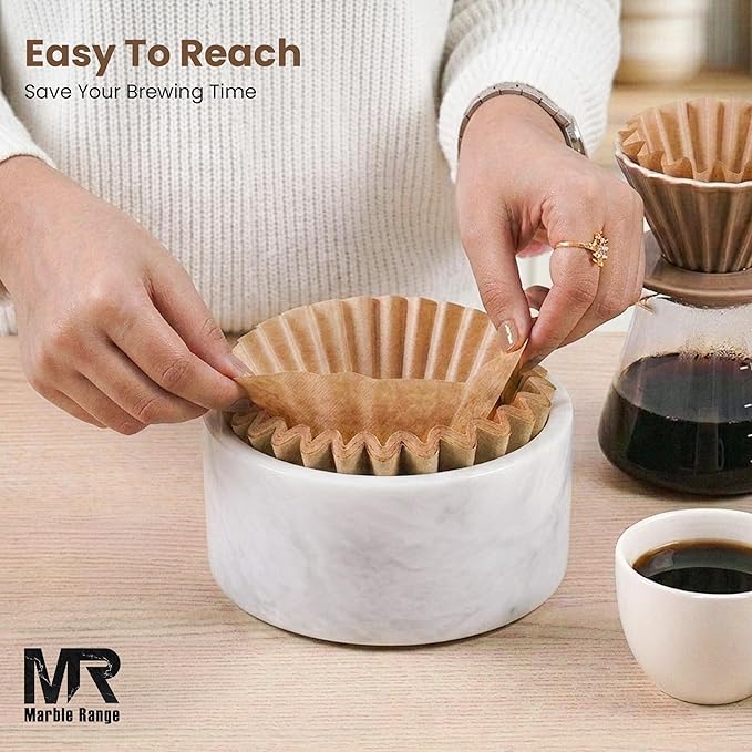 Marble Coffee Filter Holder – 6 inch Handmade White Coffee Filter Holder with Lid, Storage Organizer for Kitchen Countertop & Bar Decor