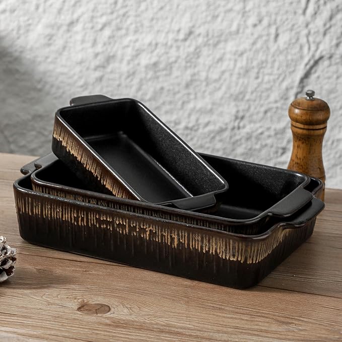 KOOV Bakeware Set, Ceramic Baking Dish, Rectangular Baking Pans Set, Casserole Dish for Cooking, Cake Dinner, Kitchen 9 x 13 Inches, 3-Piece, Stripe Series (Rough Black)