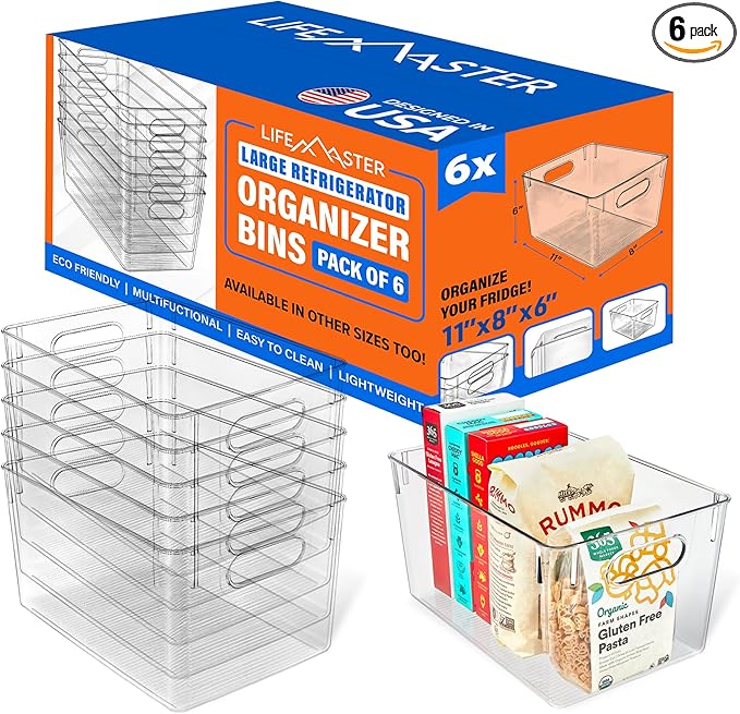 Lifemaster Stackable Refrigerator Bins - Set of 6 Large Capacity Organizers with Easy Grip Handles - Clear and Versatile for Kitchen Storage