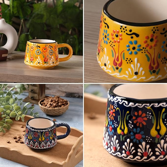 BCS 6 Oz Cappuccino Cups Set of 2, Ceramic Coffee & Tea Mugs, Colorful Handmade Cups, Dishwasher & Microwave Safe Ceramic Mugs (3 Inches, Yellow - Navy Blue)