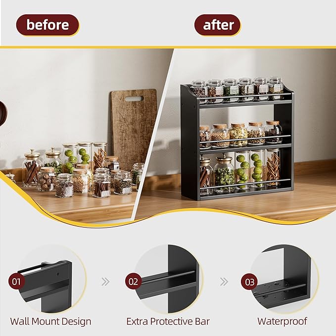 STELLSTAR Bamboo Spice Rack Wall Mount or Tabletop Holder, 3-Tier Shelf for Seasoning Bottles Organizer, Medicine Holder (Black)