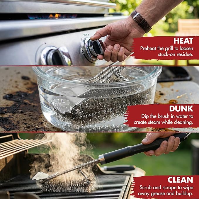 KITCHEN PERFECTION GrillSaver - Safe BBQ Grill Brush for Outdoor Grill with Replaceable Cleaning Head -Heavy-Duty Grill Cleaner with Scraper for All Grates +2 Bonuses -Best Grilling Gifts for Men