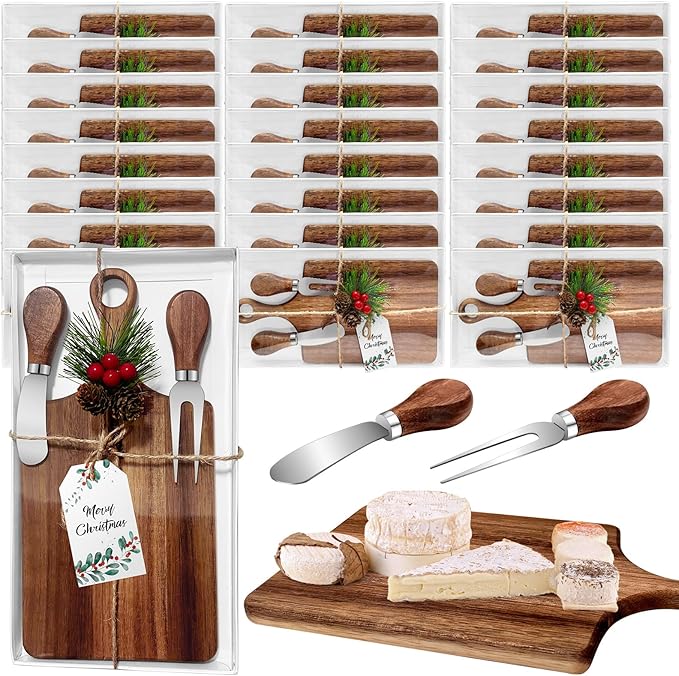 24 Set Christmas Gifts Bridal Shower Favor Acacia Wooden Square Cheese Board Gift Set With Knives, Mini Cutting Board Bulk Set, Tags and Boxes for Party Birthday
