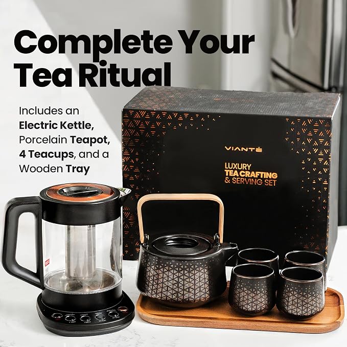 Viante Luxury Tea Set, Electric Kettle With Infuser, Gift for Tea Lovers | Borosilicate glass body plus ceramic teapot, 4 ceramic cups & bamboo tray. No plastic ever touches your water