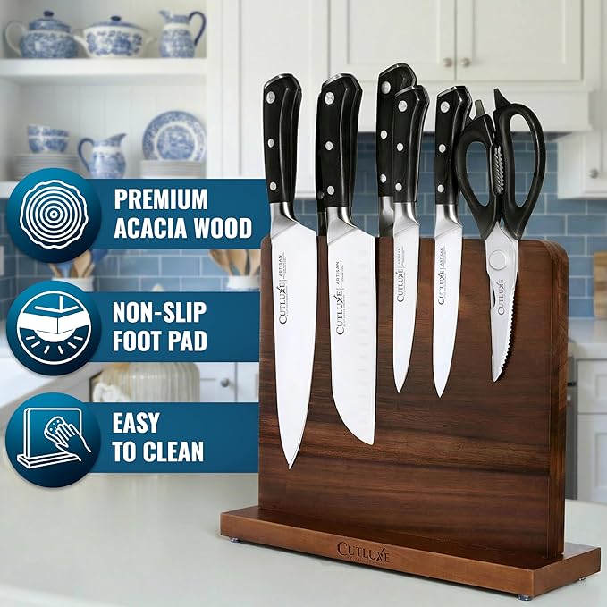 Cutluxe Magnetic Knife Block - Double Sided Acacia Wood Knife Holder, Strong Magnetic Strips, Universal Fit Knife Storage Stand