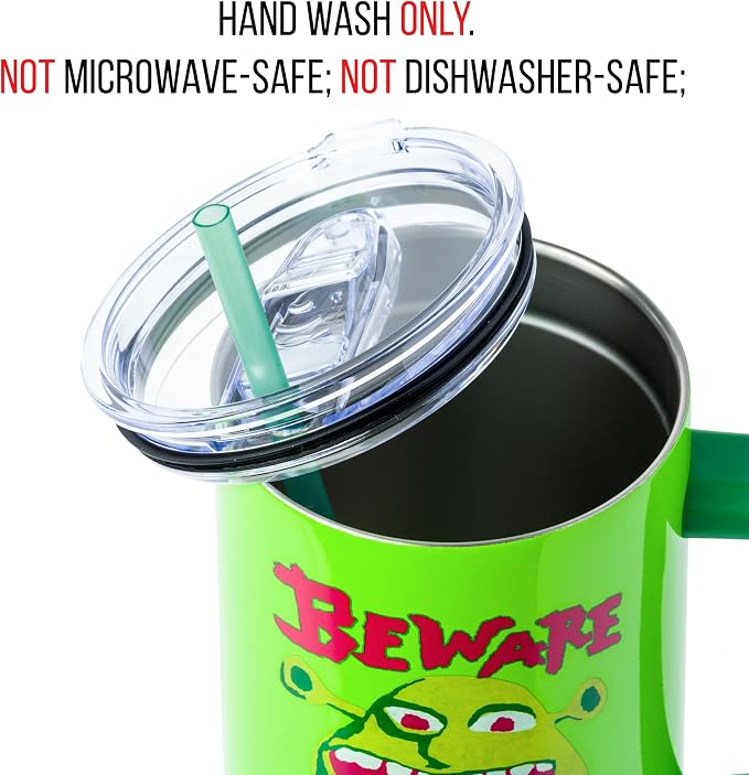 Silver Buffalo Shrek “Beware Ogre” Stainless Steel Tumbler with Handle, Fits in Standard Cup Holder, 40 Ounces