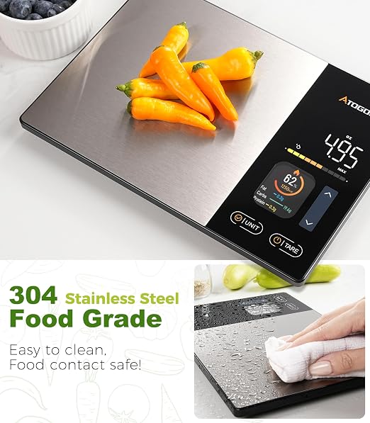 Atogou Smart Food Kitchen Scale with Nutrition Calculator, Color Display & Free App, Precise Portion Control, Calorie & Macro Tracking for Weight Loss & Meal Prep Black