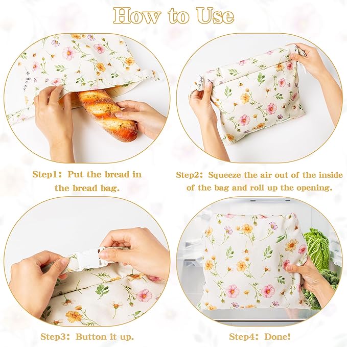 Reusable Beeswax Bread Bags - 3 Pack Bees Wax Food Bag, Homemade Sourdough Bread Storage with Bowl Cover, Linen Cotton Large Beeswax Freezer Container for Home Kitchen (Watercolor Flowers)