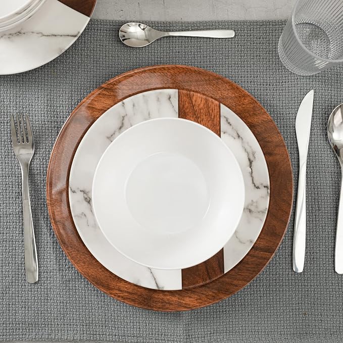 LEHAHA Rustic Modern Melamine Dinnerware Sets, Marble 12-Piece Lightweight Outdoor Plates and Bowls Sets, Unbreakable Wood Patterns Dishes Dinnerware Set, Service for 4…