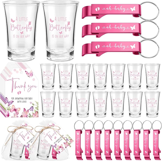50 Sets Baby Shower Favor for Guests Acrylic Shot Glasses with Bottle Opener Keychains Thank You Tags and Bags Gender Reveal Party Favors for Guest Baby Shower Return Gift (Butterfly)