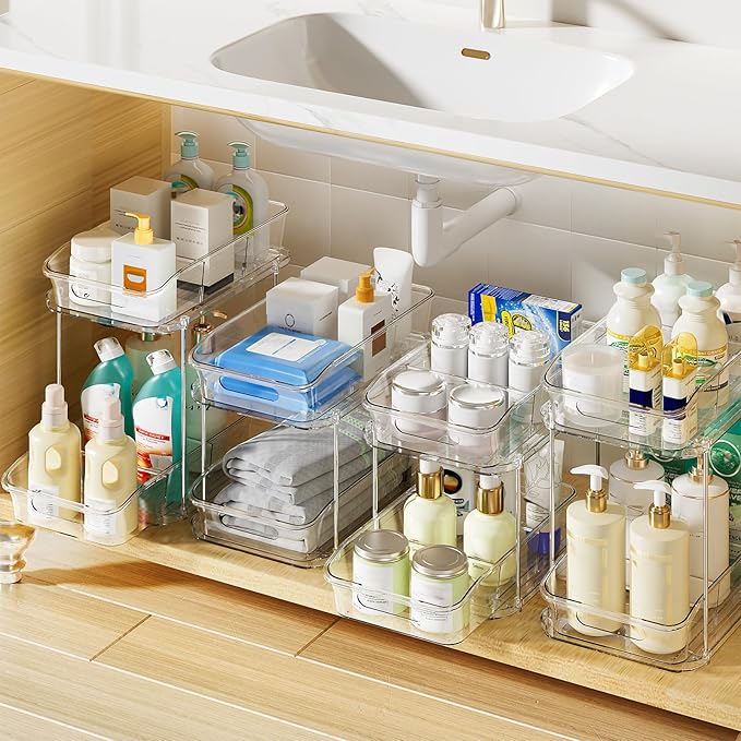 Delamu 4 Pack Bathroom Organizers and Storage, 2 Tier Clear Under Sink Organizer & Set of 4 Acrylic Cabinet Organizer Shelf for Kitchen