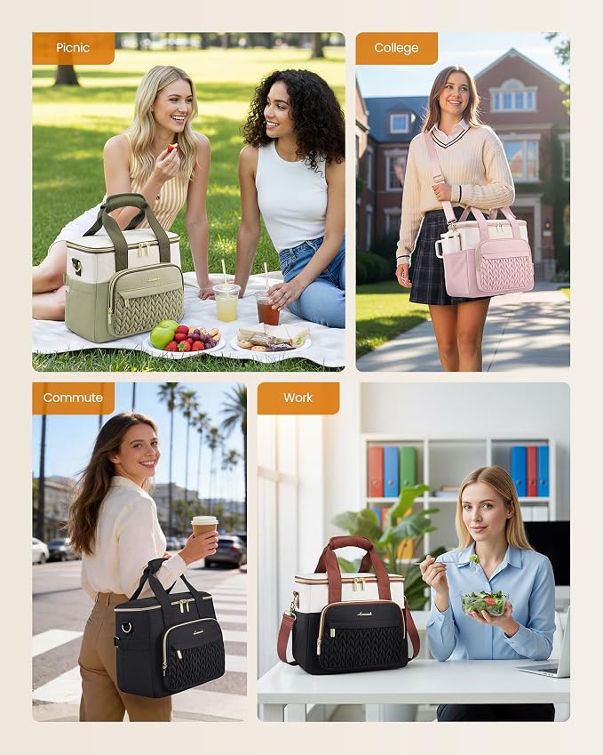 LOVEVOOK Lunch Bag Women, Insulated Wide Opening Adult Lunch Box for Women Work with Cup Holder, Large Lunch Cooler Tote Bag with Utensils Pocket for Office Campus Picnic Beach Mom Nurse Family