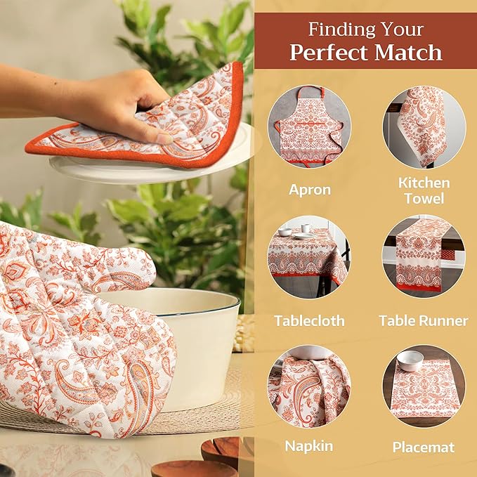 Maison d' Hermine Pot Holders Set 100% Cotton Heat Resistant Potholders 8" x 8" Hot Pads with Loop for Thanksgiving Christmas Decorations BBQ Cooking Baking Handling Hot Pans (Pack of 2, Cachemire)
