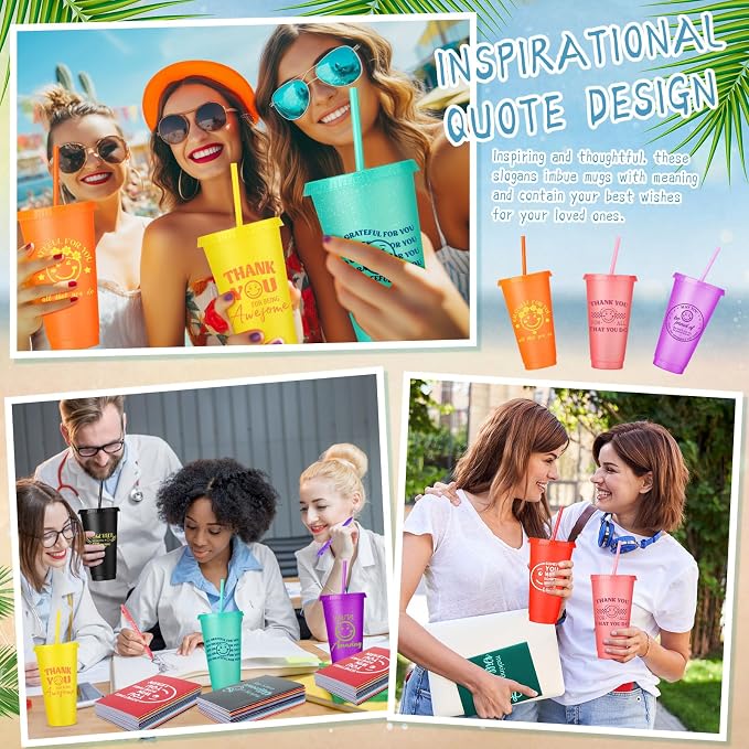 Feifeiya 72 Pcs/ 24 Set Thank You Gift Bulk 24 oz Employee Teacher Appreciation Tumbler with Lids and Straws Motivational Pens Inspirational Notepads Set Plastic Cups Gift for Team Staff Coworker