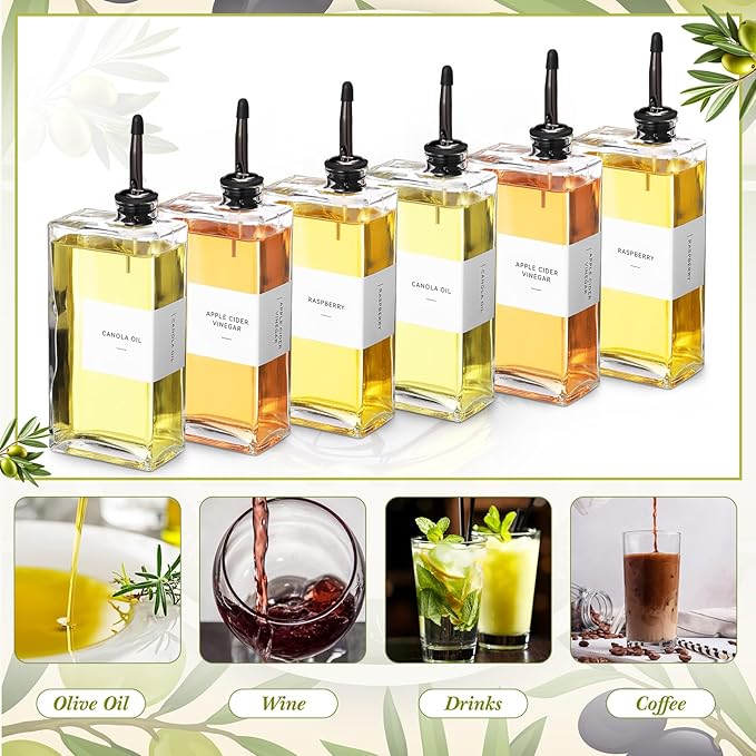 Reallnaive 6 Sets Olive Oil Dispenser Bottles for Kitchen with Nozzles Funnel Labels Cooking Oil Dispenser 500ml Set for Kitchen Vinegar Coffee Syrup (Black)