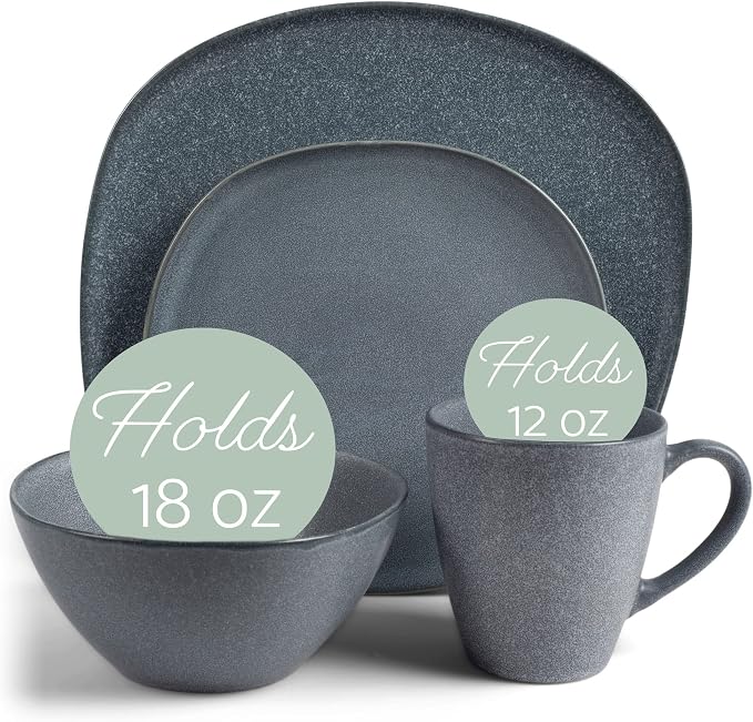 Elanze Designs 16-Piece Modern Luxury Chic Smooth Vintage Handmade Shape Matte Finish Ceramic Stoneware Square Plate Mug & Bowl Kitchen Dinnerware 16 Piece Set - Service for 4, Slate Grey
