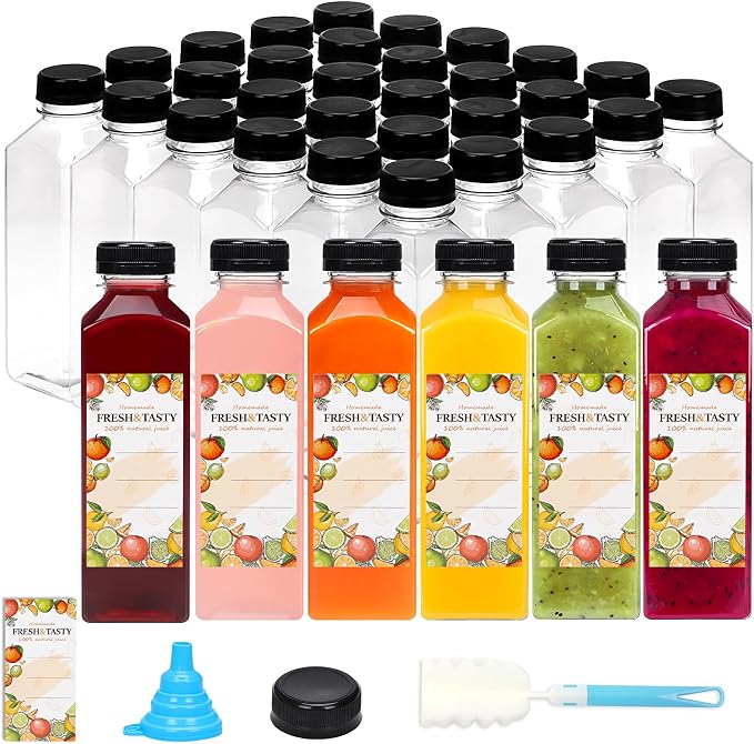 TOMNK 45pcs Juice Bottles with Lids, 16oz Reusable Plastic Juice Bottles with Caps and Labels, Funnel, Brush Beverage Containers for Juicing, Smoothies, Tea, Milk