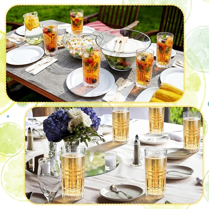 Uiifan Set of 12 Tall Highball Glasses 12 oz Crystal Drinking Glasses Clear Fancy Cups Vintage Textured Designer Glassware for Cocktail Tea Water Beer Soda Beverages, Dishwasher Safe (Modern Style)