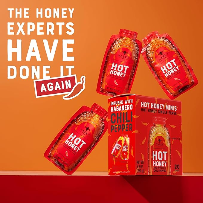 Nate's Bulk 400ct Hot Honey Minis - Single-Serve 100% Pure Honey Infused with Habanero Chili Pepper – 0.49oz Packets, 400ct box