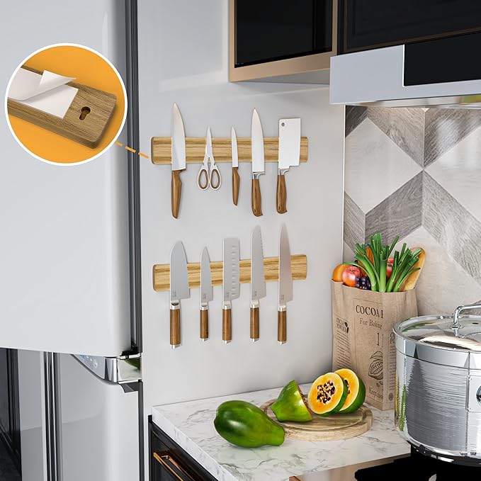Magnetic Knife Holder for Wall, Acacia Wood Knife Magnetic Strip No Drill Knife Magnet Storage Bar Magnetic Tool Key Holder Strip for Kitchen Utensil Organizer (Light Brown, 16 Inch)