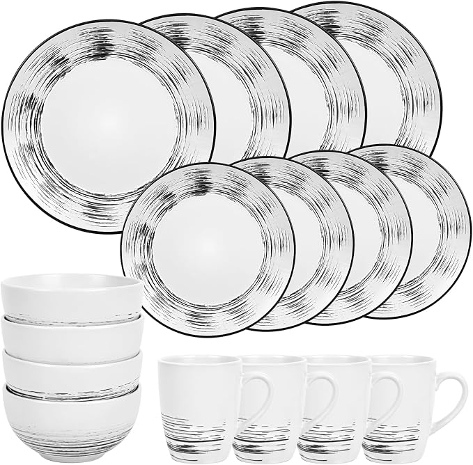 Homlouue 16 Pcs Stoneware Dinnerware Sets for 4, Porcelain Farmhouse Plates Bowls Mugs Set - Minimalist Chip Resistant Dish Set, Microwave & Dishwasher Safe in White and Black Thread