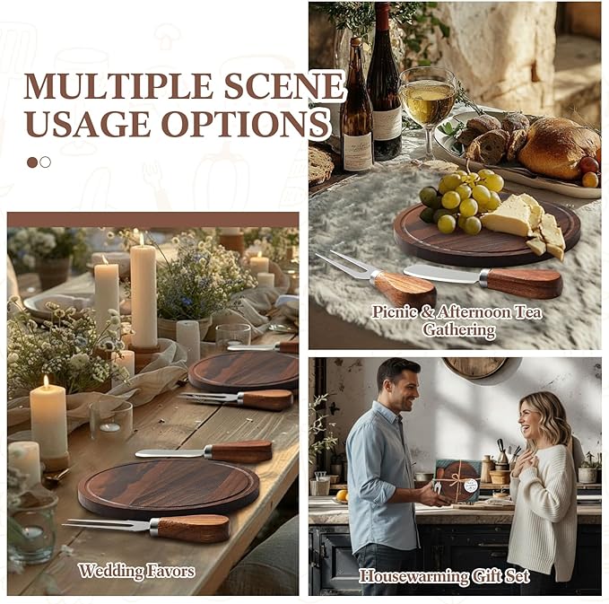 Maxcheck 1 Set Baby Shower Bridal Game Prizes for Winners Round Cheese Board Set Wood Mini Charcuterie Board with Knives and Forks Thank You Card with Gift Box for Guests Wedding (Walnut)