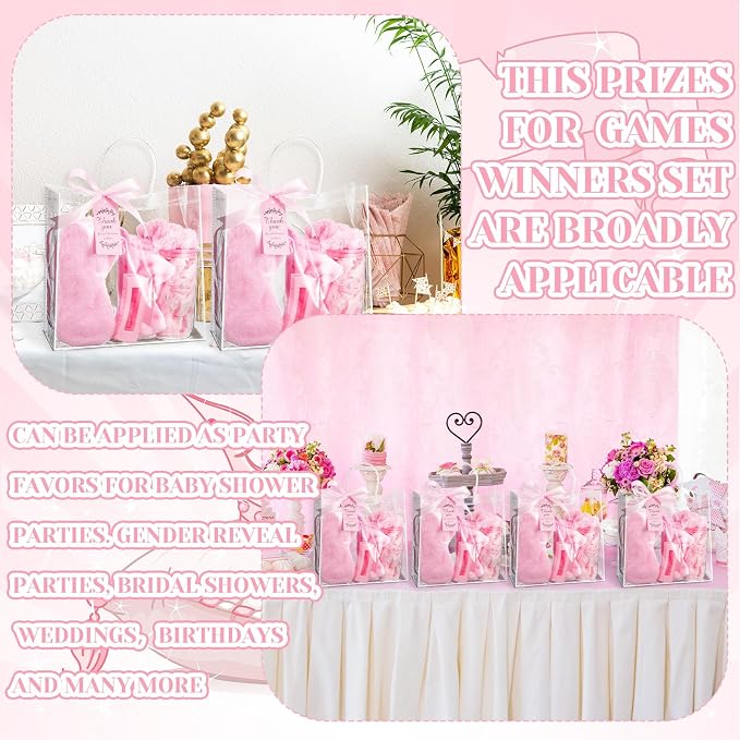 48 Pcs/6 Sets Baby Shower Prizes Winners Include Glass Cans Spa Headband Plush Sleep Eye Mask Hair Claw Clips Clear Cosmetic Bags Baby Shower Player Winner Gifts Bridal Game Gifts(Pink)