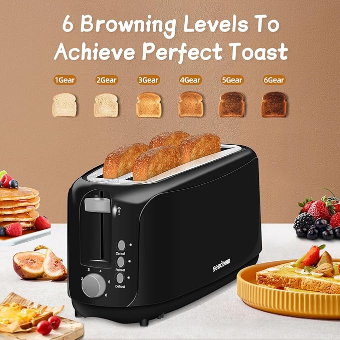 SEEDEEM 4 Slice Toaster, Extra Wide Slots Bread Toaster with 6 Shade Settings, Bagel/Cancel/Defrost/Reheat Functions, Removable Crumb Tray, Auto Shut-Off, Black