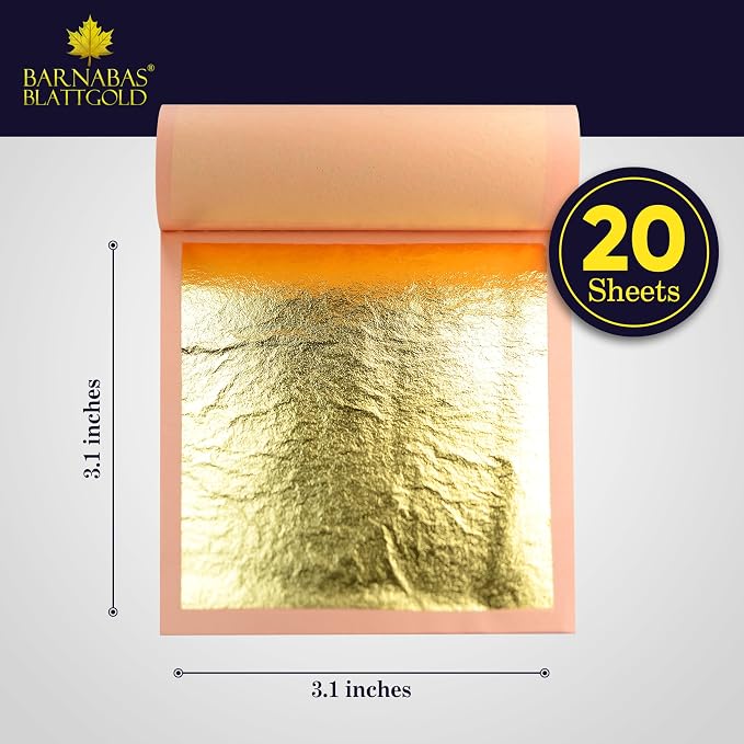 Barnabas Blattgold Edible Cake Decorations 23.75K Gold Leaf - Loose Gold Leaf Sheets for Cupcakes - 3.1 inches, Book of 20