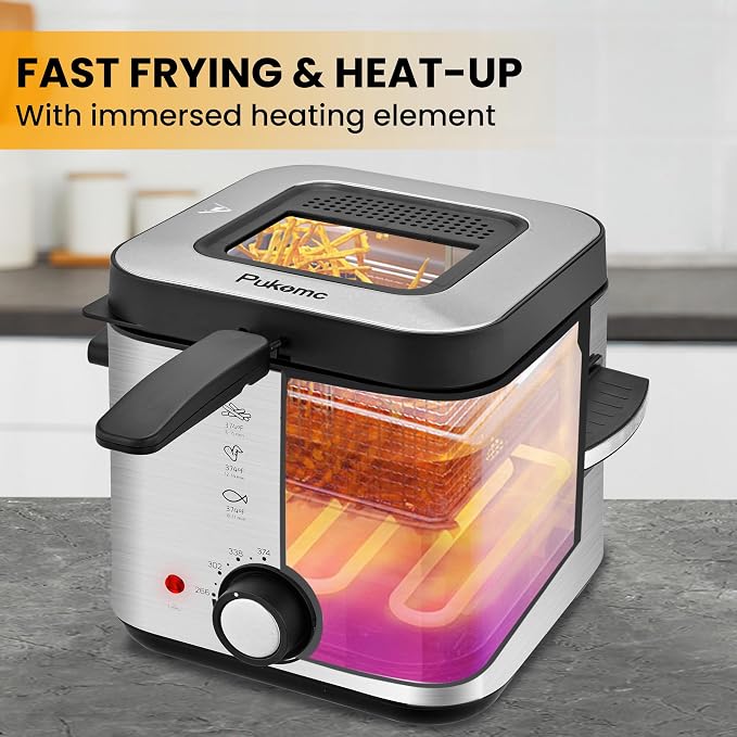 Pukomc Deep Fryer 3 Liter Capacity,1500W Oil Fryer with Adjustable Temperature,Viewing Window,Detachable Frying Basket,Made of Stainless Steel Material and Easy to Clean